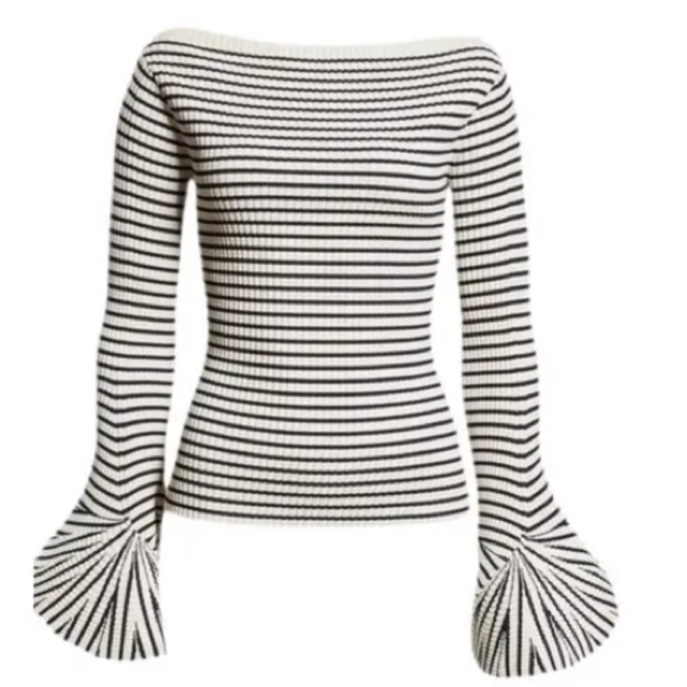 A.L.C. Black and White Off-the-Shoulder Sweater with Bell Sleeves
